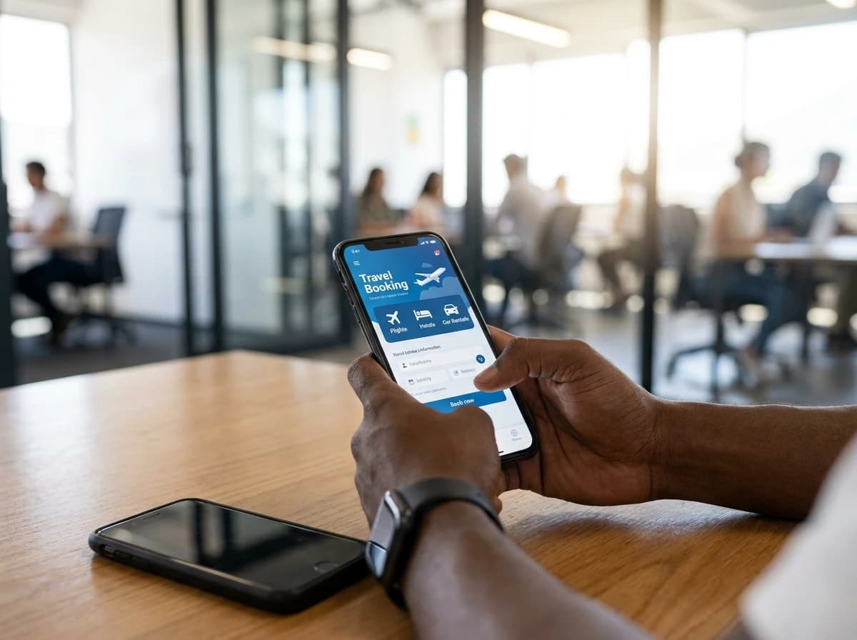Hands holding a phone with a travel booking app