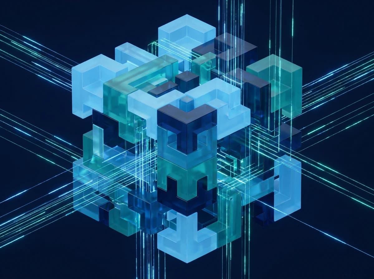 Modular blocks linked by data lines, representing connected systems