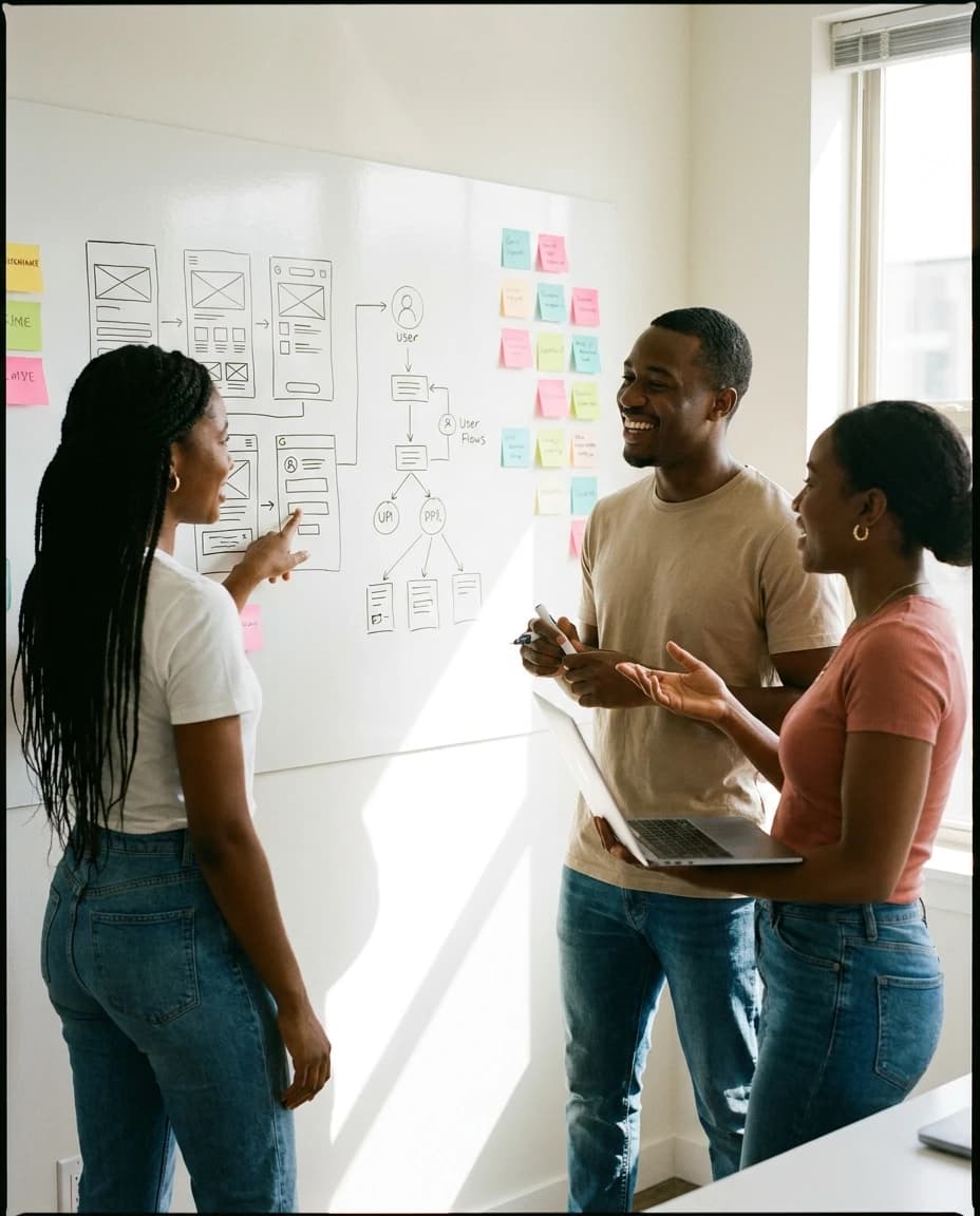 Ledobiz team planning user flows at a whiteboard