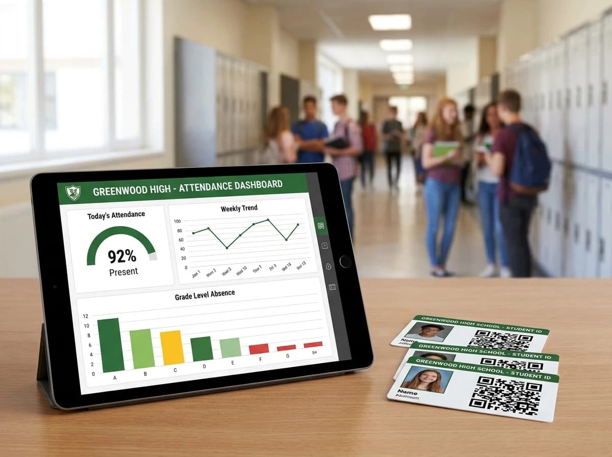 Crest Pass attendance dashboard on a tablet beside student ID cards